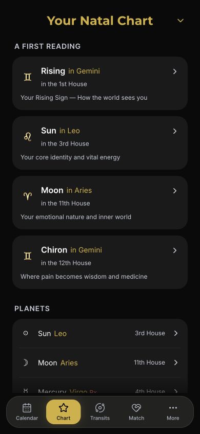 Birth chart reading with Rising, Sun, Moon, and planetary placements