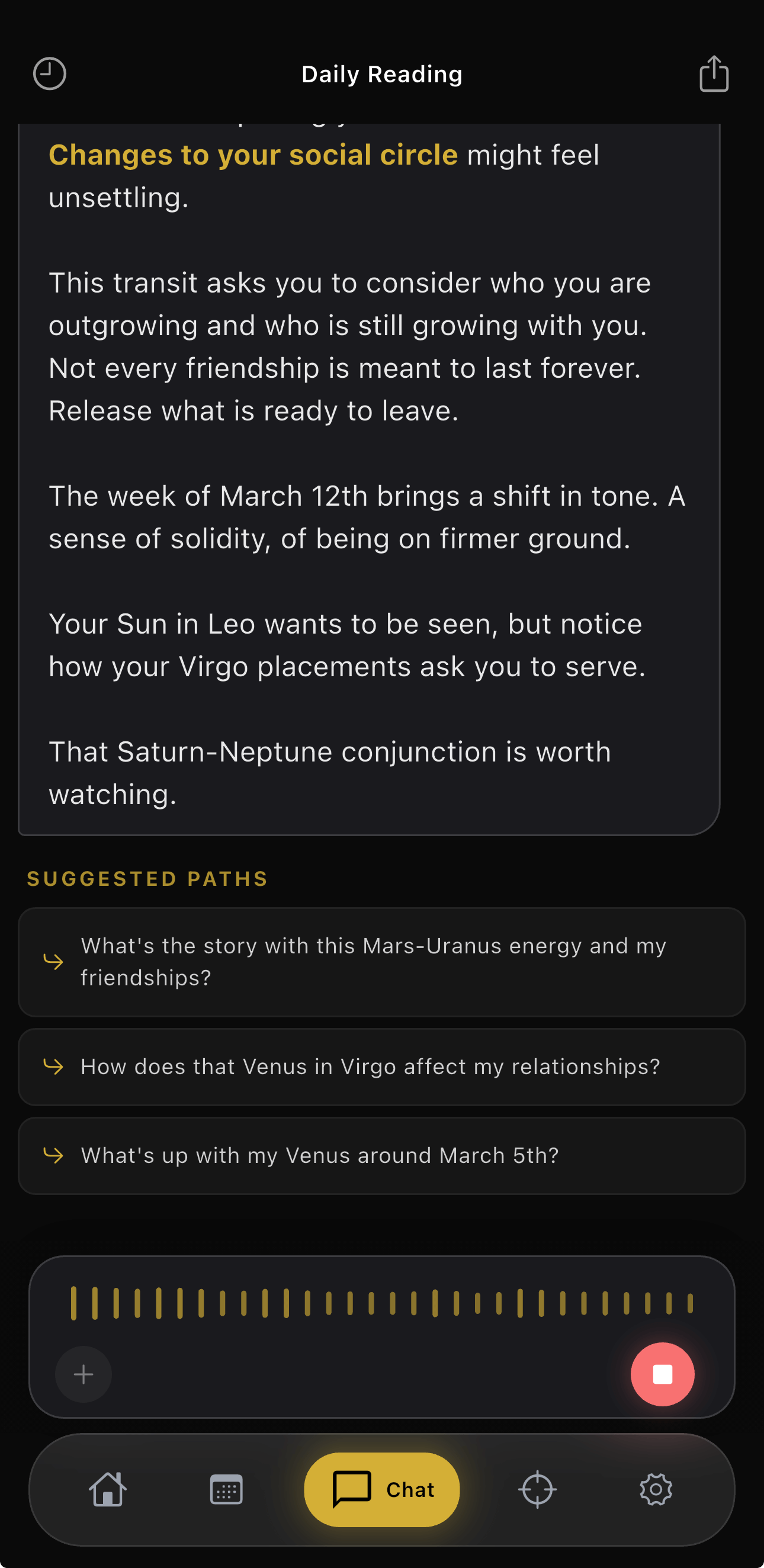 Sidera AI astrologer chat with chart-aware answers and suggested follow-up paths