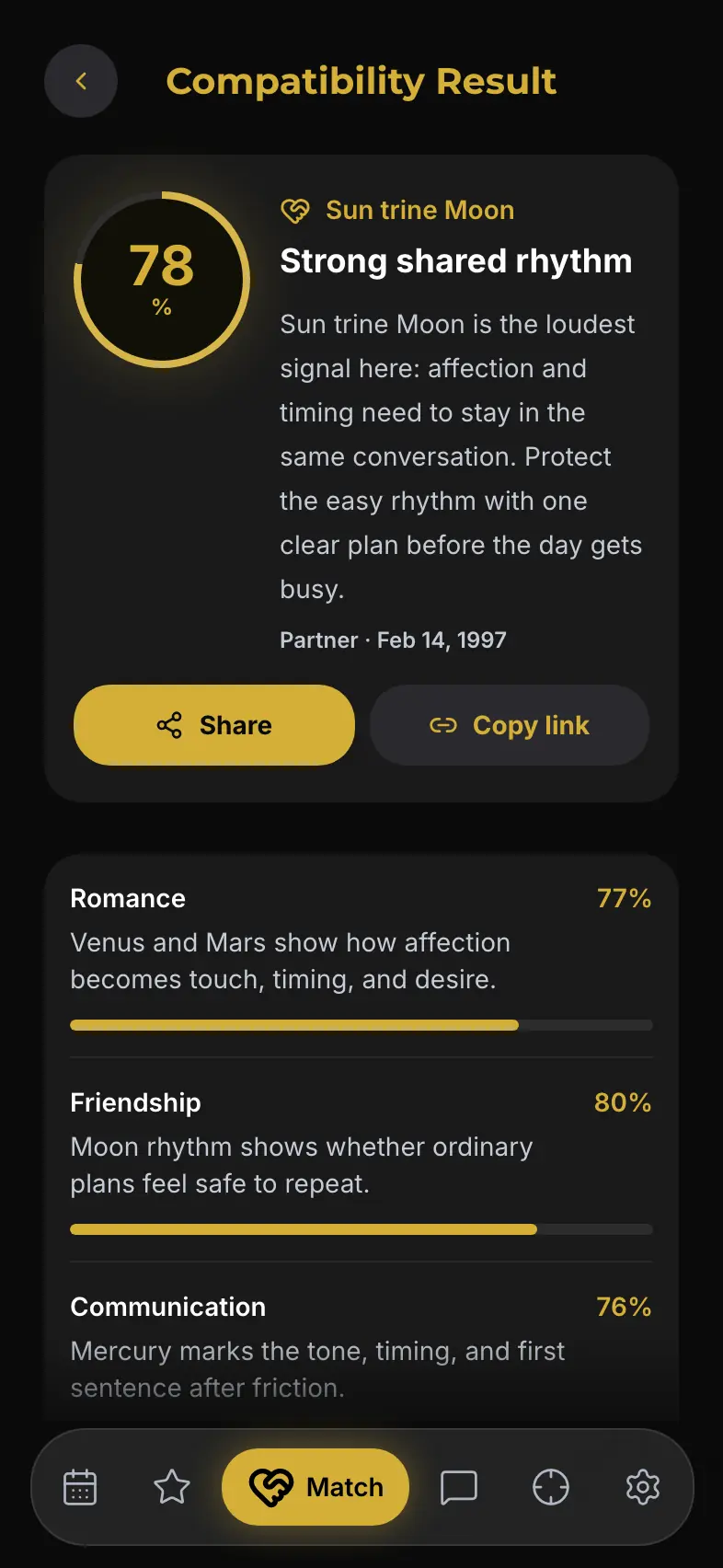 SideraAI compatibility result showing a shared rhythm score and relationship category breakdowns